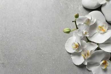 Photo of Flat lay composition with spa stones and orchid flowers on grey background. Space for text