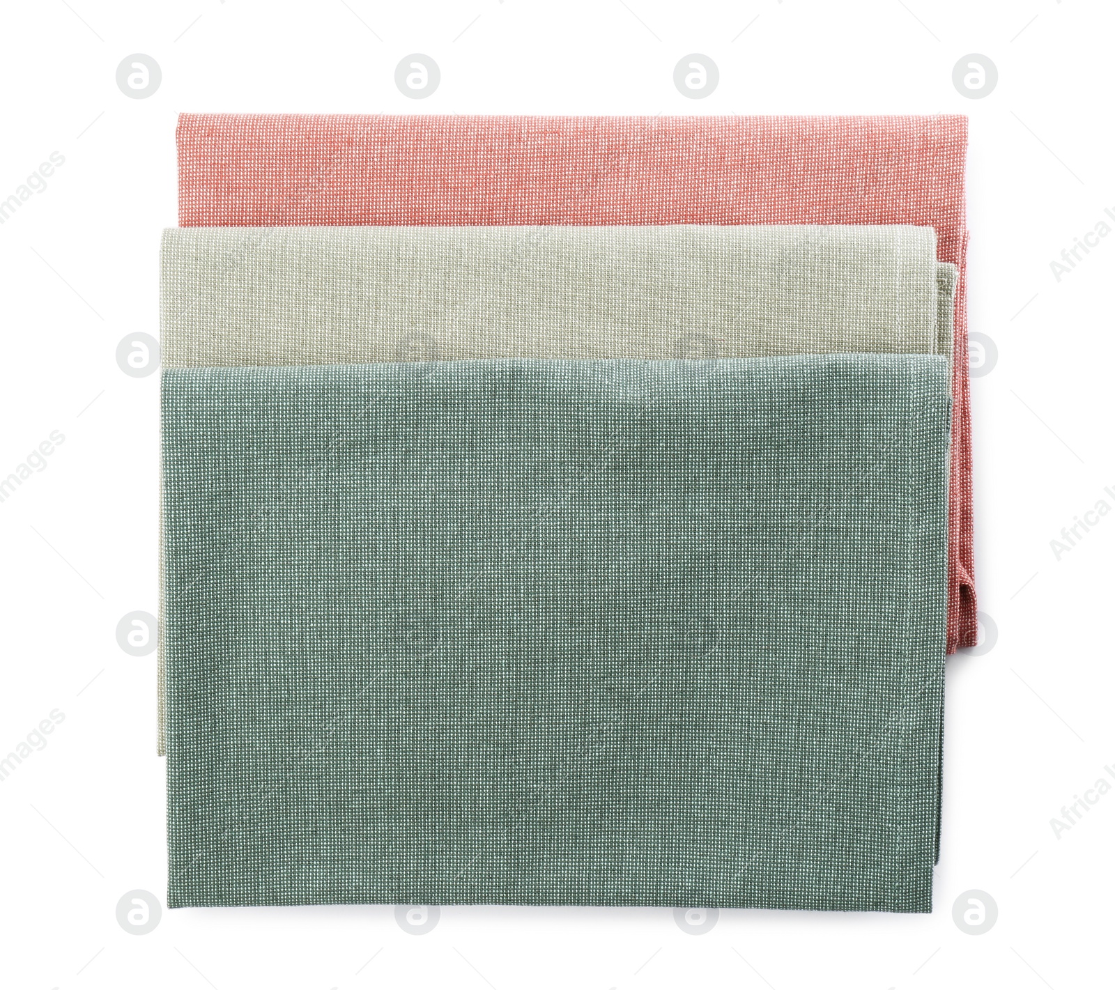 Photo of Clean kitchen towels isolated on white, top view