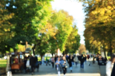 Blurred view of people walking in park on sunny day