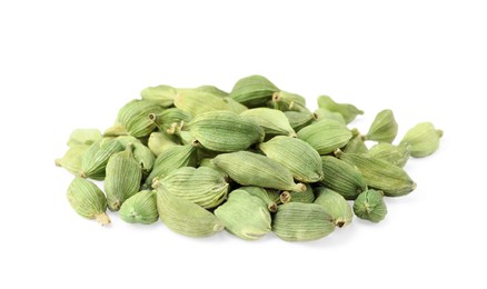 Photo of Pile of dry cardamom seeds on white background