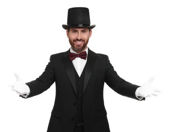 Happy magician in top hat on white background