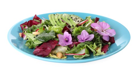 Photo of Fresh spring salad with flowers in plate isolated on white