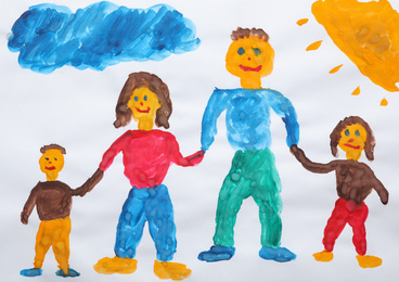 Child's painting of family on white paper