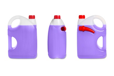 Plastic canister with violet liquid on white background, different sides