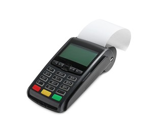 Payment terminal with thermal paper for receipt isolated on white