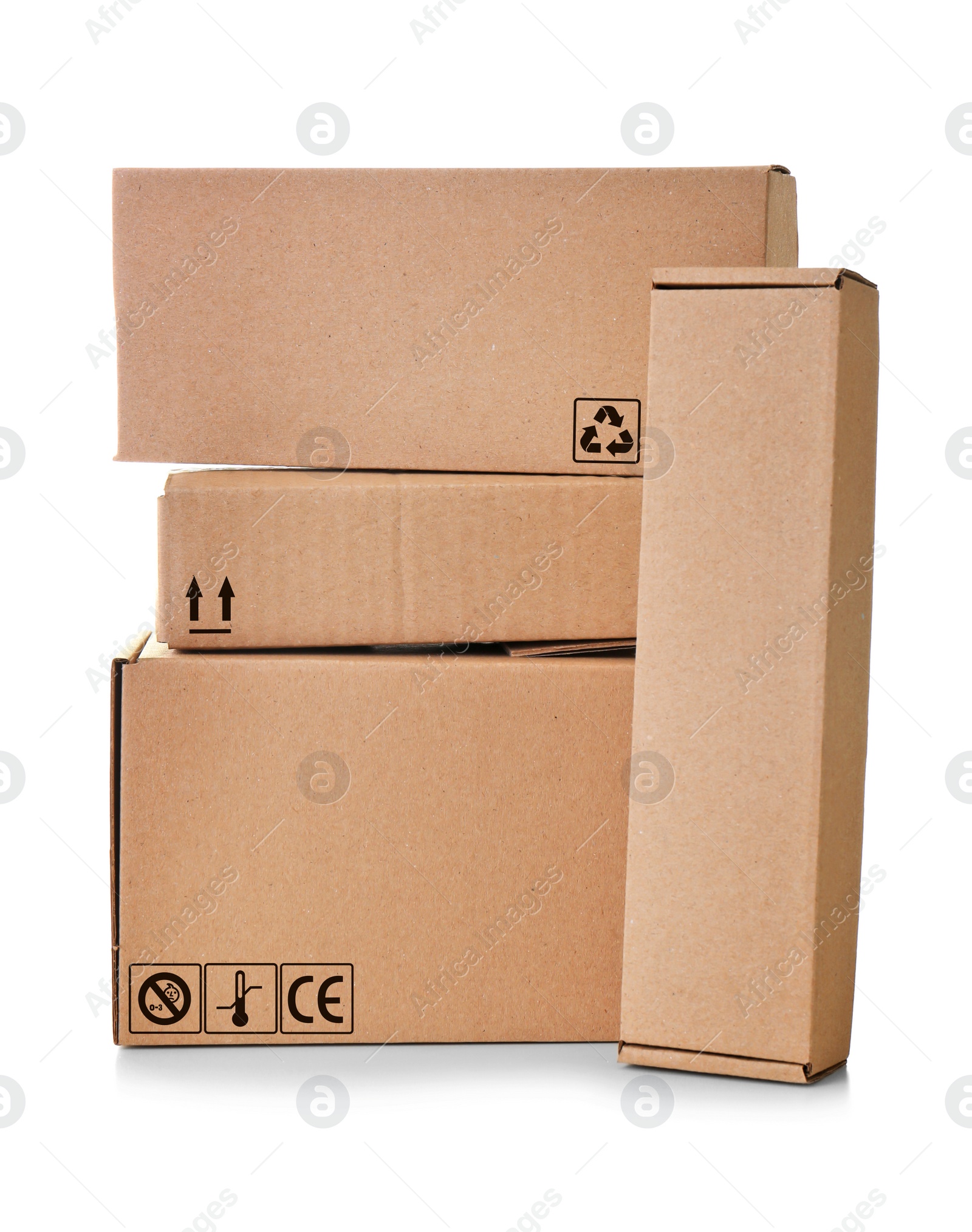 Image of Parcel delivery. Cardboard boxes with different packaging symbols on white background  