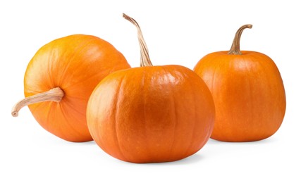 Photo of Many fresh orange pumpkins isolated on white