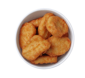 Photo of Bucket with tasty chicken nuggets isolated on white, top view