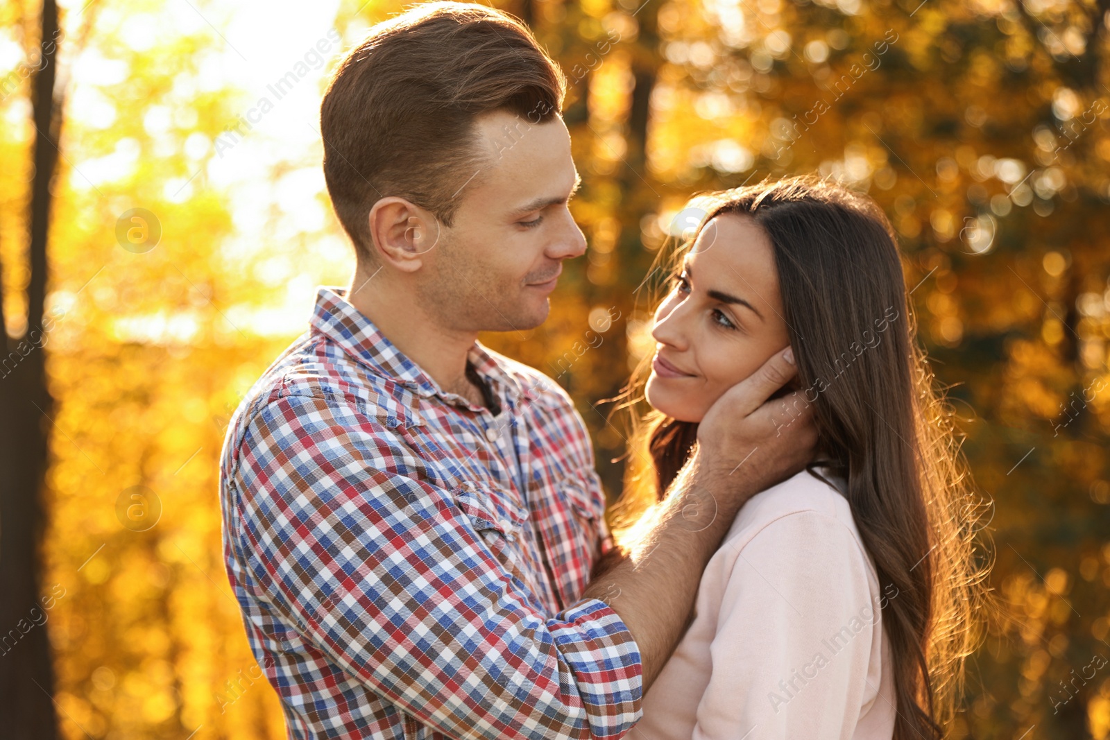 Photo of Happy couple in sunny park. Autumn walk