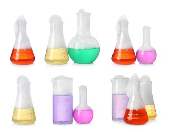 Image of Set of flasks and beakers with colorful liquids on white background. Chemical reaction