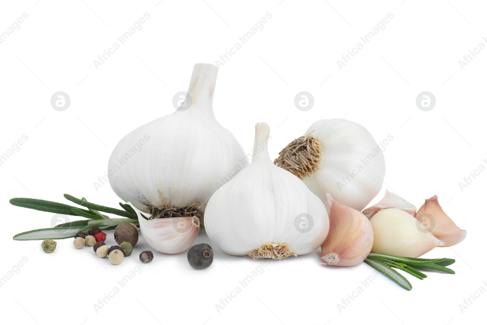 Photo of Fresh garlic, peppercorns and rosemary isolated on white