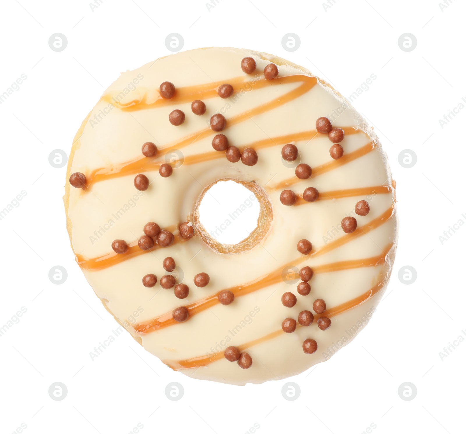 Photo of Sweet tasty glazed donut with crispy balls isolated on white