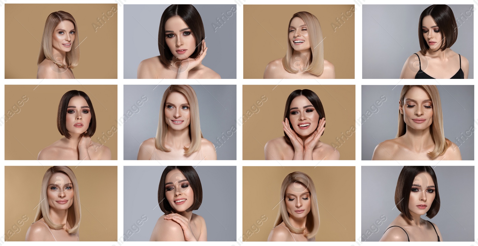 Image of Beautiful women with hairstylings on different color backgrounds. Collage of photos