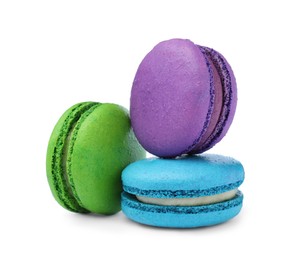 Photo of Different delicious colorful macarons on white background