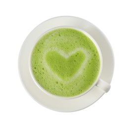 Photo of Cup of tasty matcha latte isolated on white, top view