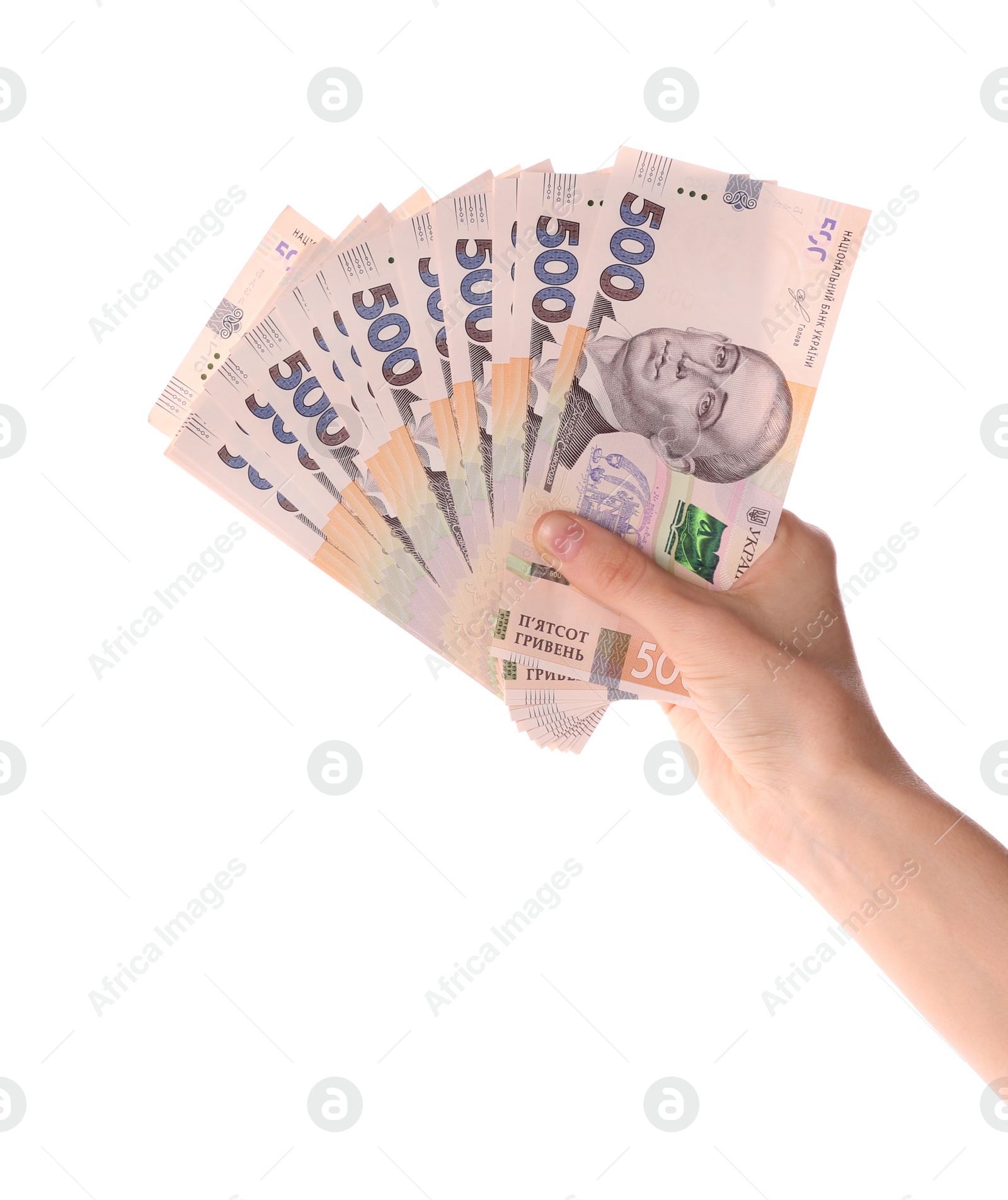 Photo of Woman holding Ukrainian money on white background, closeup