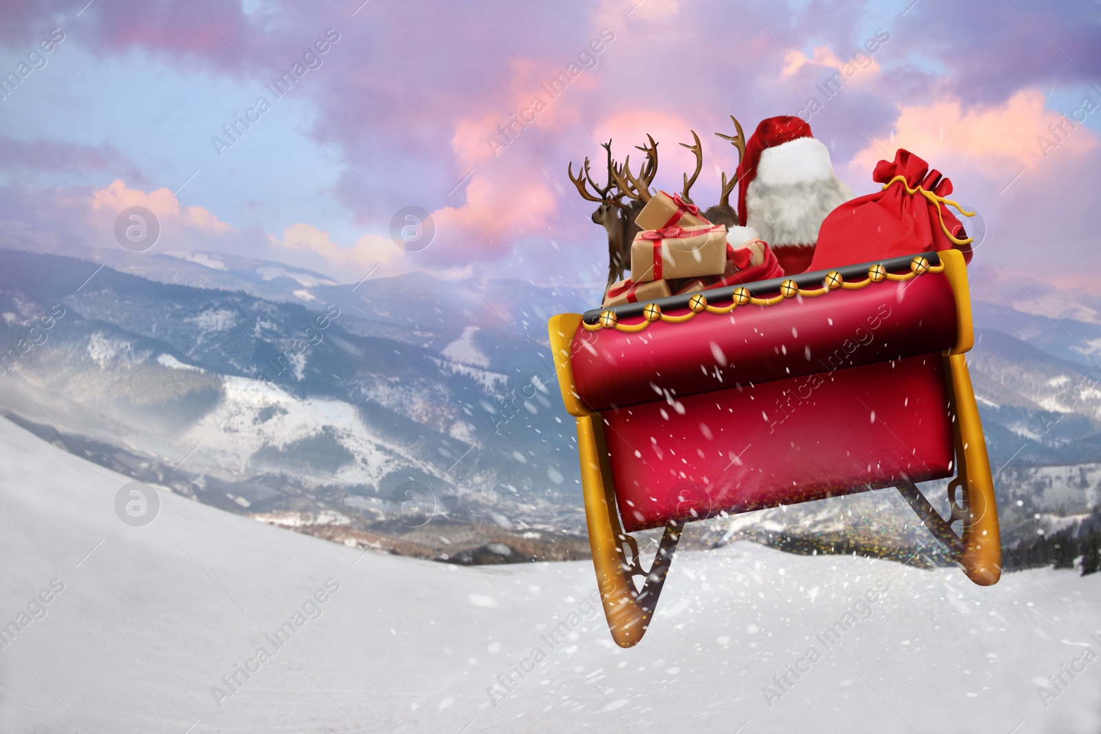 Image of Magic Christmas eve. Santa with reindeers outdoors on snowy winter day, space for text