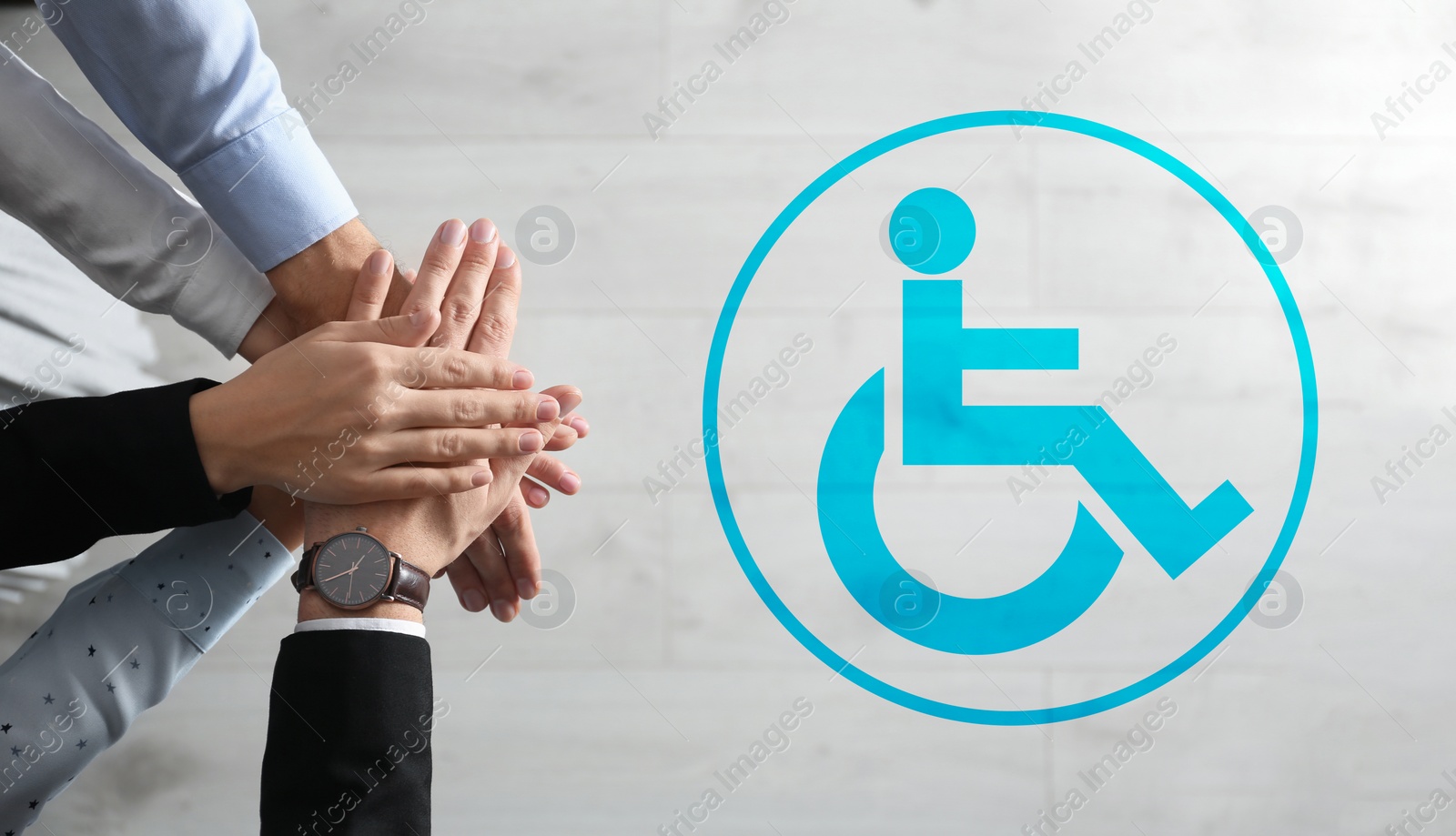 Image of Inclusive workplace culture, banner design. International symbol of access. People holding hands together, top view