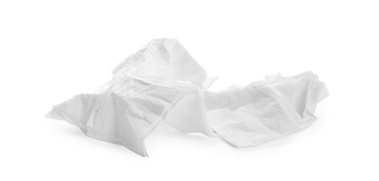 Photo of Crumpled paper napkins on white background. Personal hygiene