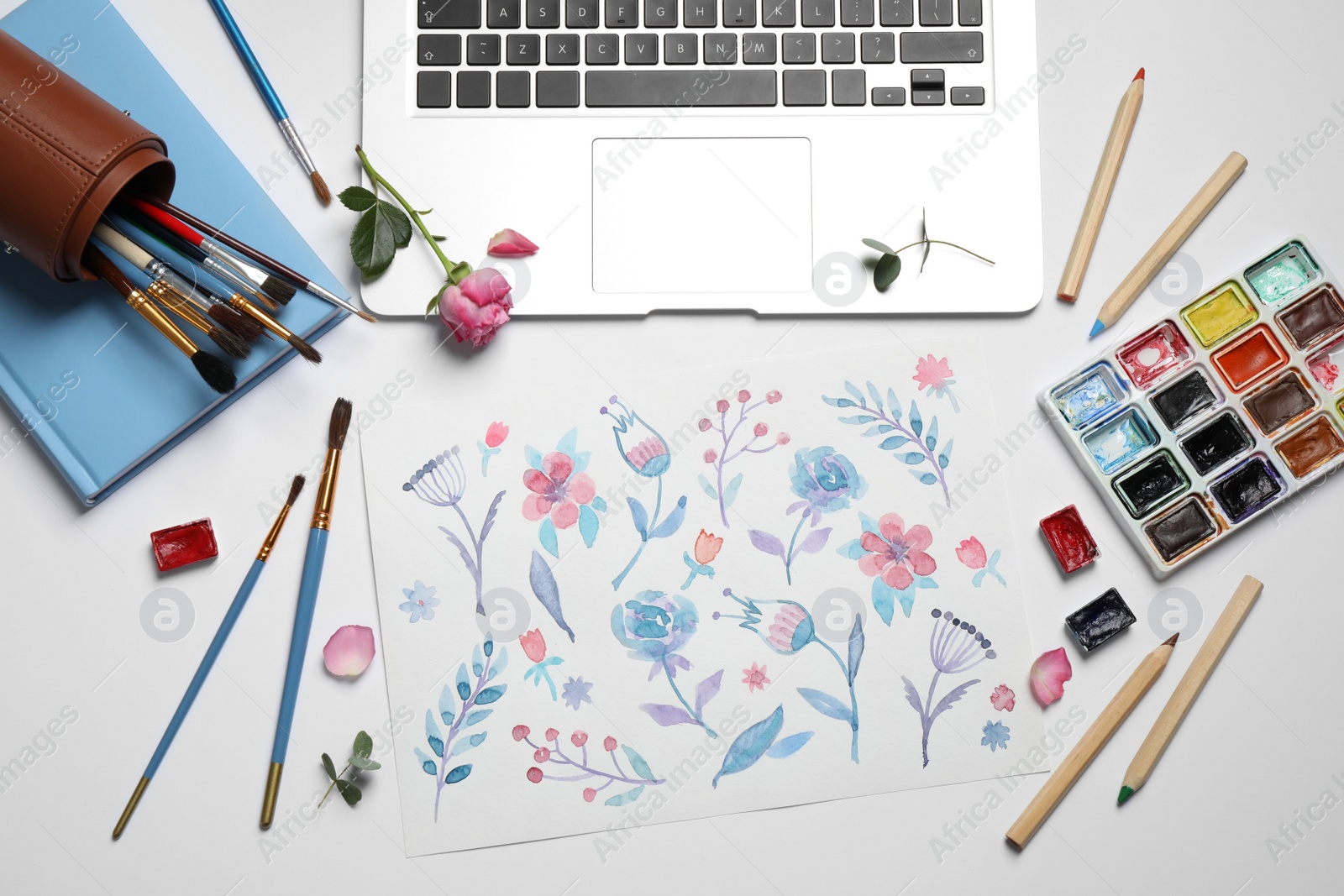 Photo of Flat lay composition with floral picture and watercolor paints on white background