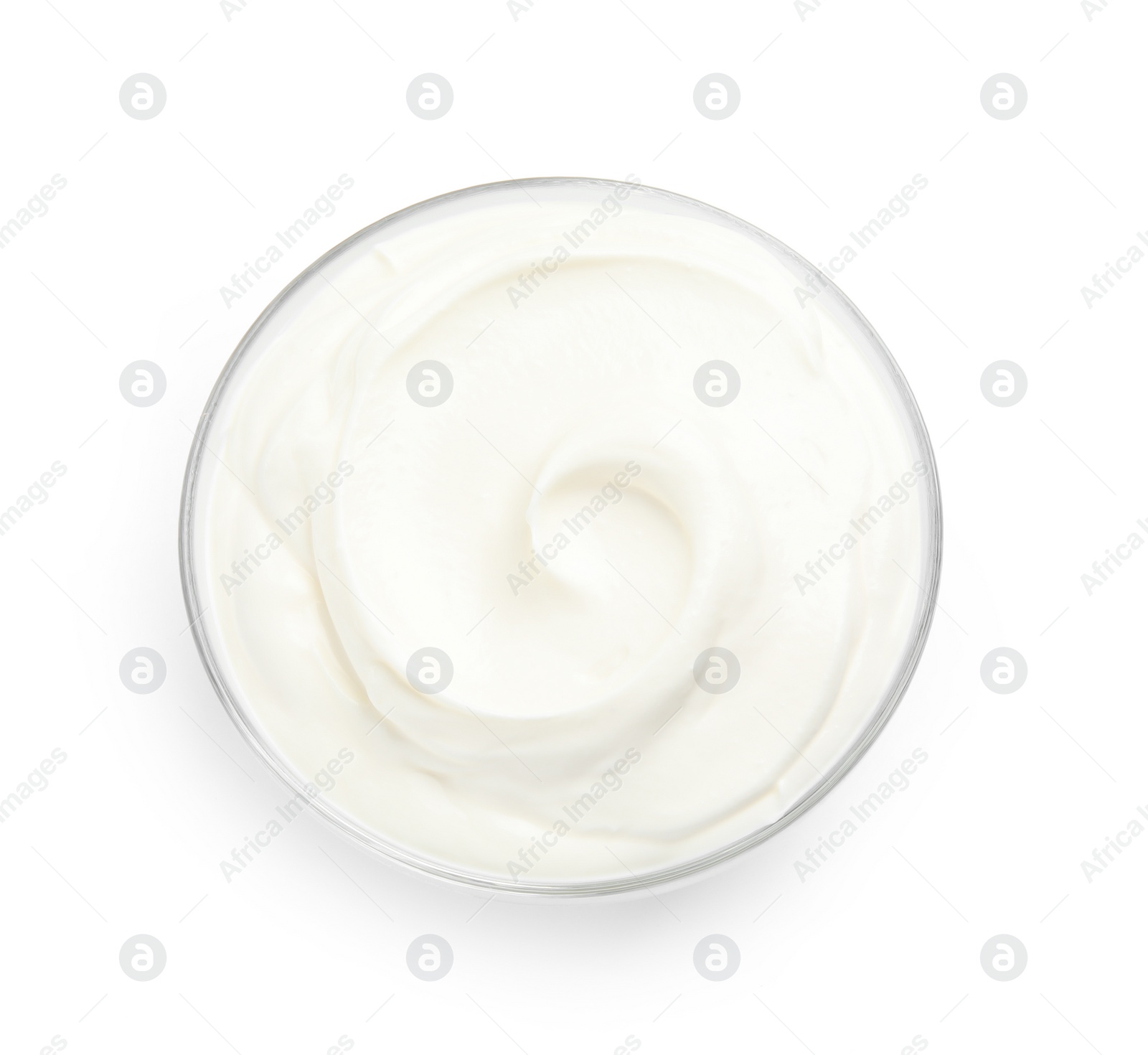 Photo of Bowl with fresh sour cream isolated on white, top view