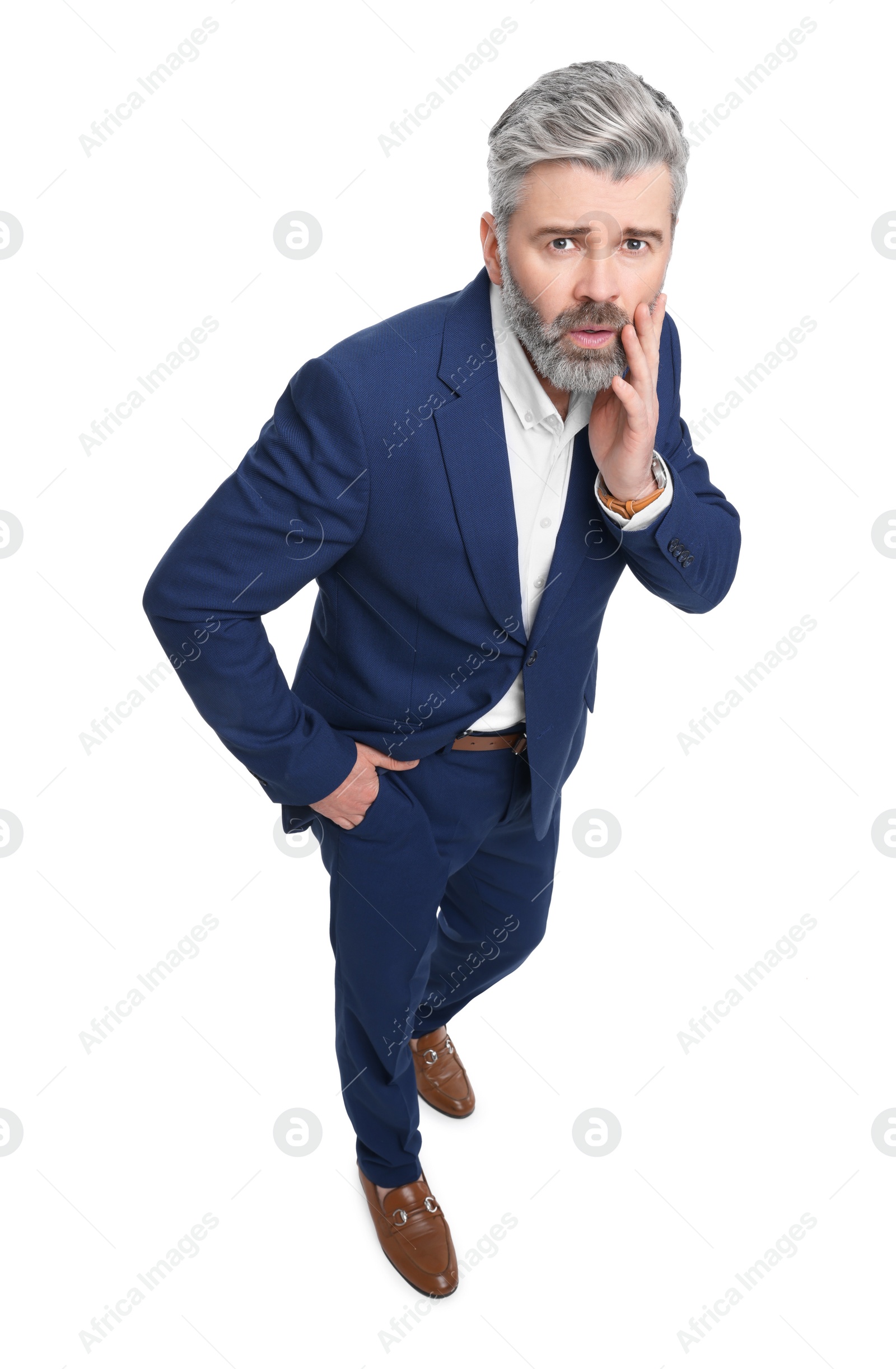 Photo of Mature businessman in stylish clothes posing on white background, above view