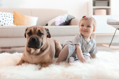Photo of Cute little child with dog at home