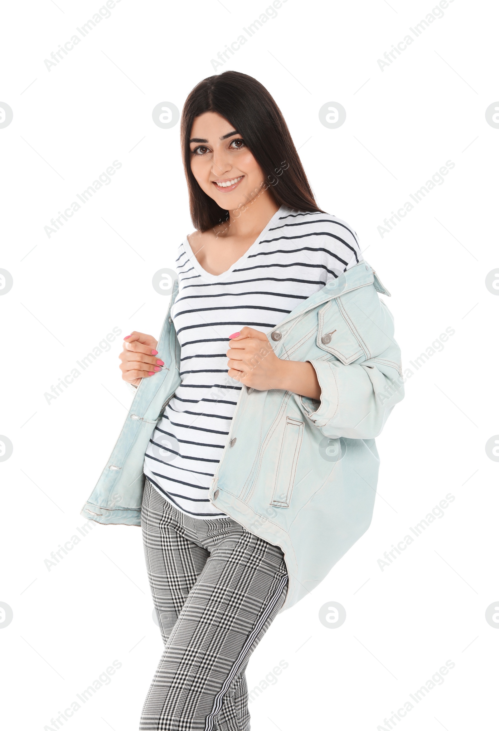 Photo of Portrait of beautiful smiling woman on white background