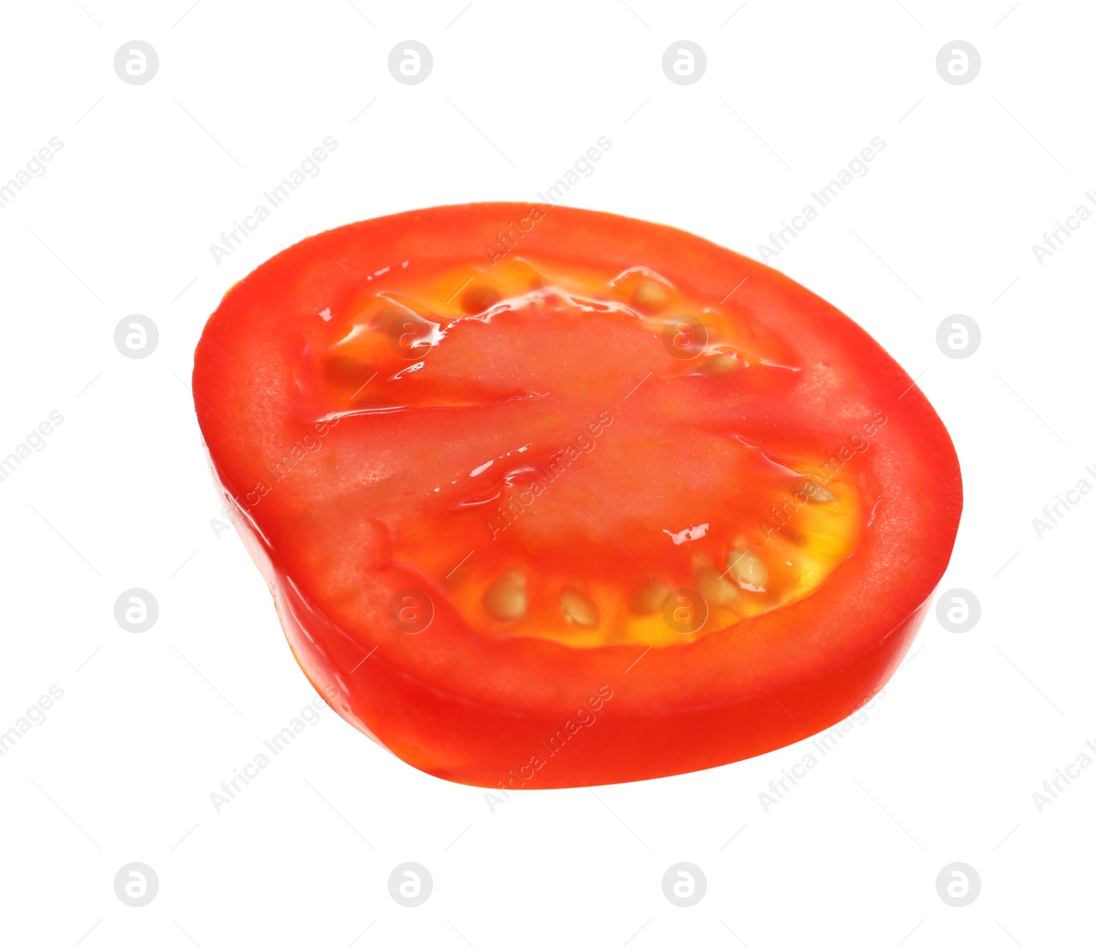 Photo of Slice of fresh cherry tomato isolated on white