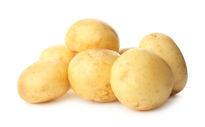 Photo of Fresh raw organic potatoes on white background