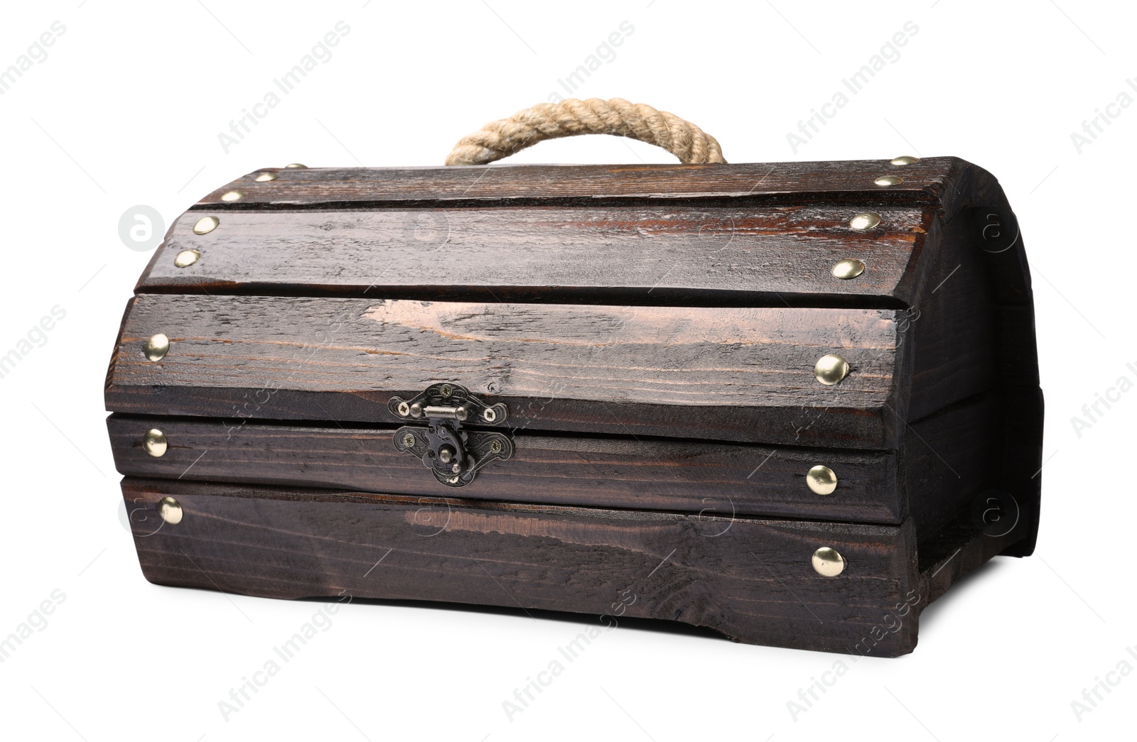 Photo of Closed old wooden treasure chest isolated on white