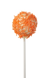 Photo of Tasty cake pop with orange sprinkles isolated on white