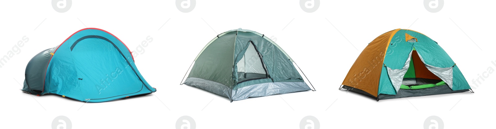 Image of Set with different bright camping tents on white background. Banner design