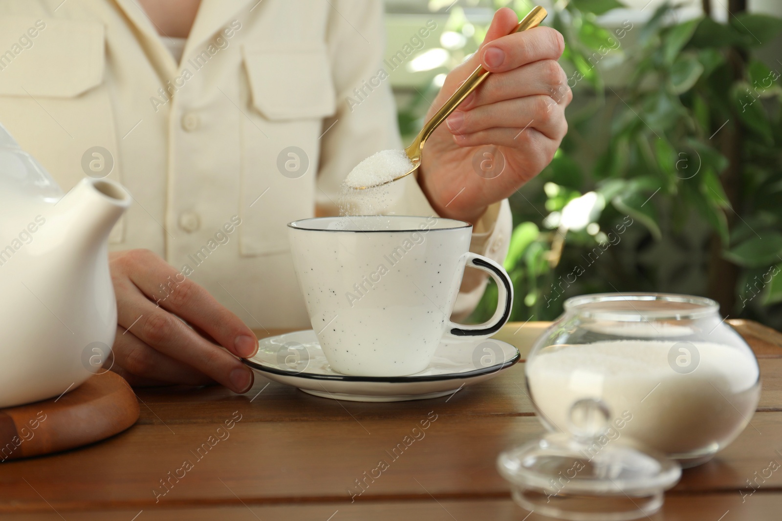 Photo of Woman adding sugar into aromatic tea at wooden table indoors, closeup