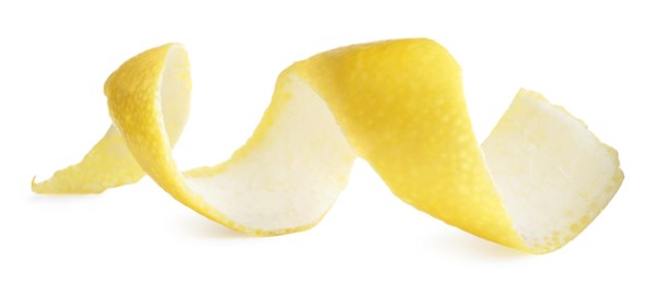 Photo of Fresh lemon peel on white background. Citrus zest