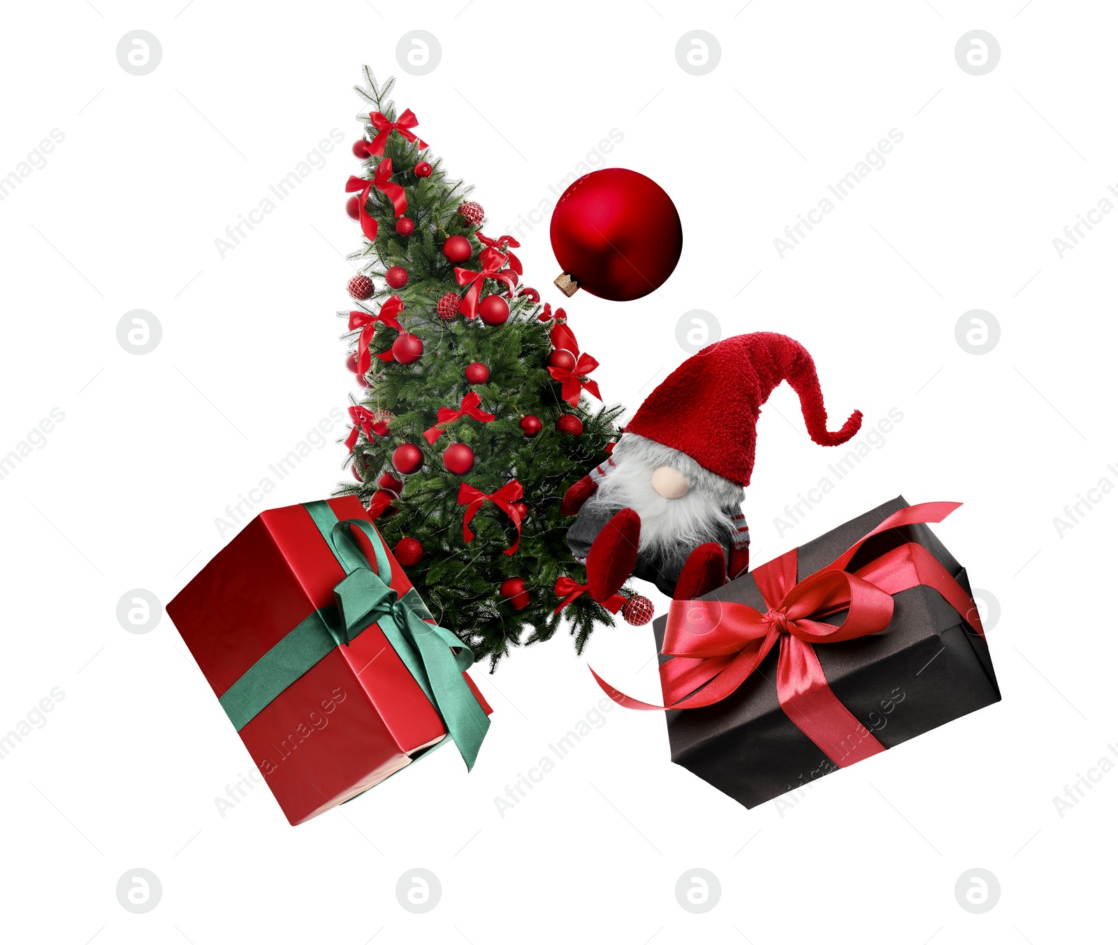 Image of Christmas celebration. Different festive stuff in air on white background