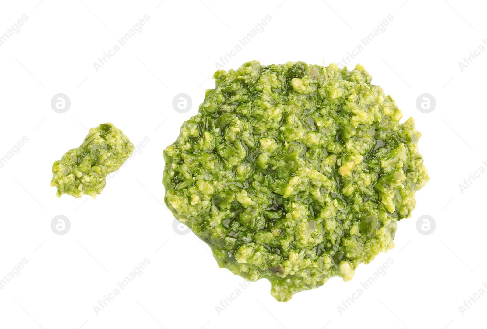 Photo of Tasty pesto sauce isolated on white, top view