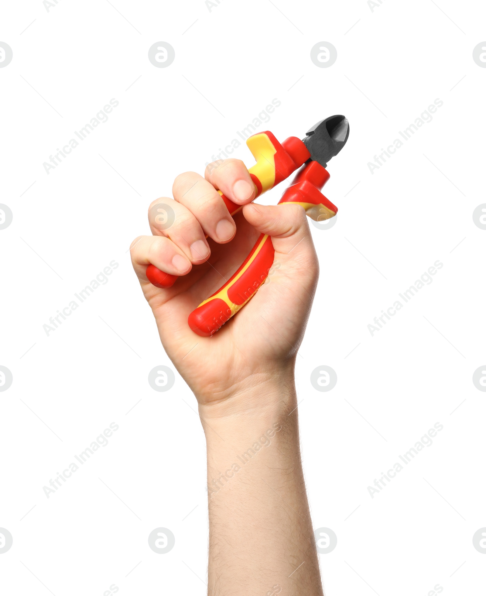 Photo of Man holding cutting pliers isolated on white, closeup