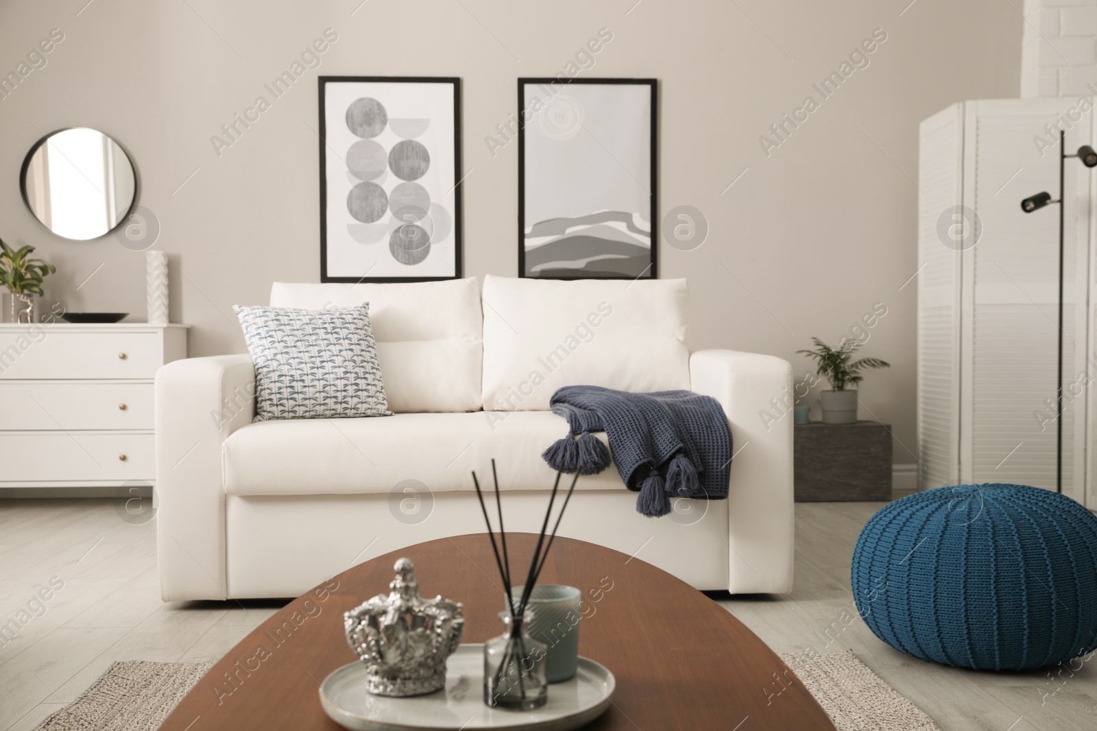 Photo of Stylish living room interior with white sofa and beautiful pictures