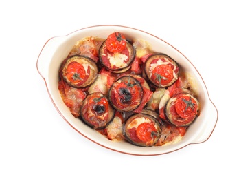 Photo of Baked eggplant with tomatoes and cheese in dishware isolated on white, top view