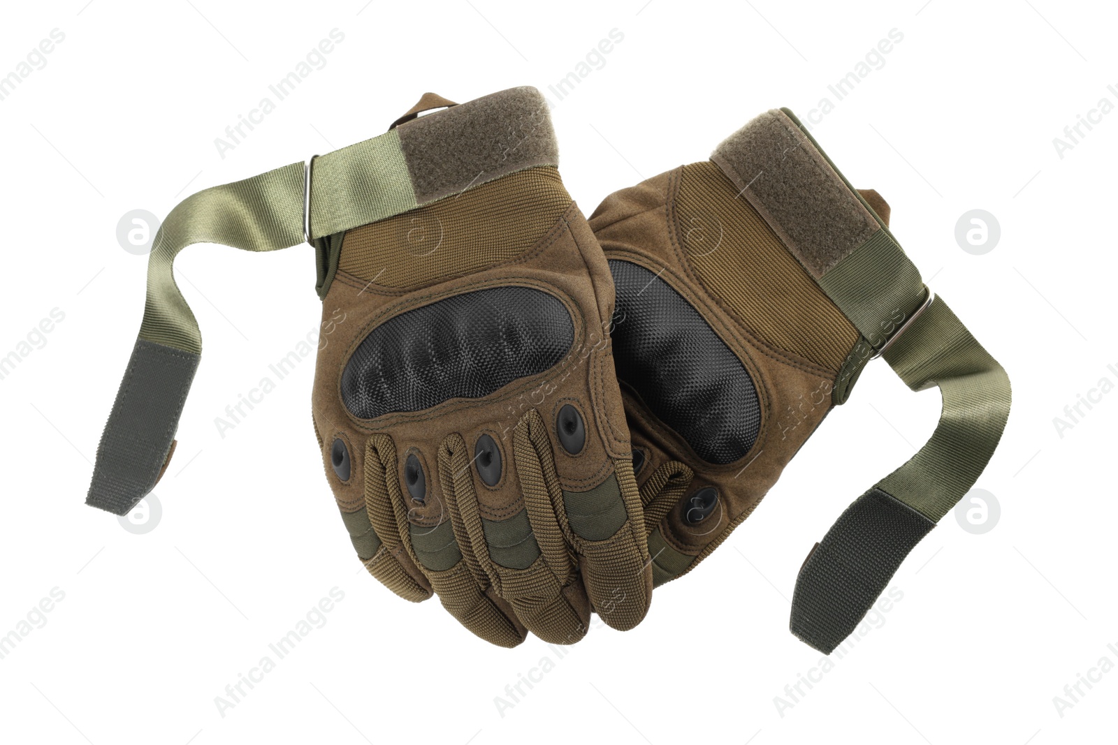 Photo of Tactical gloves on white background, top view. Military training equipment