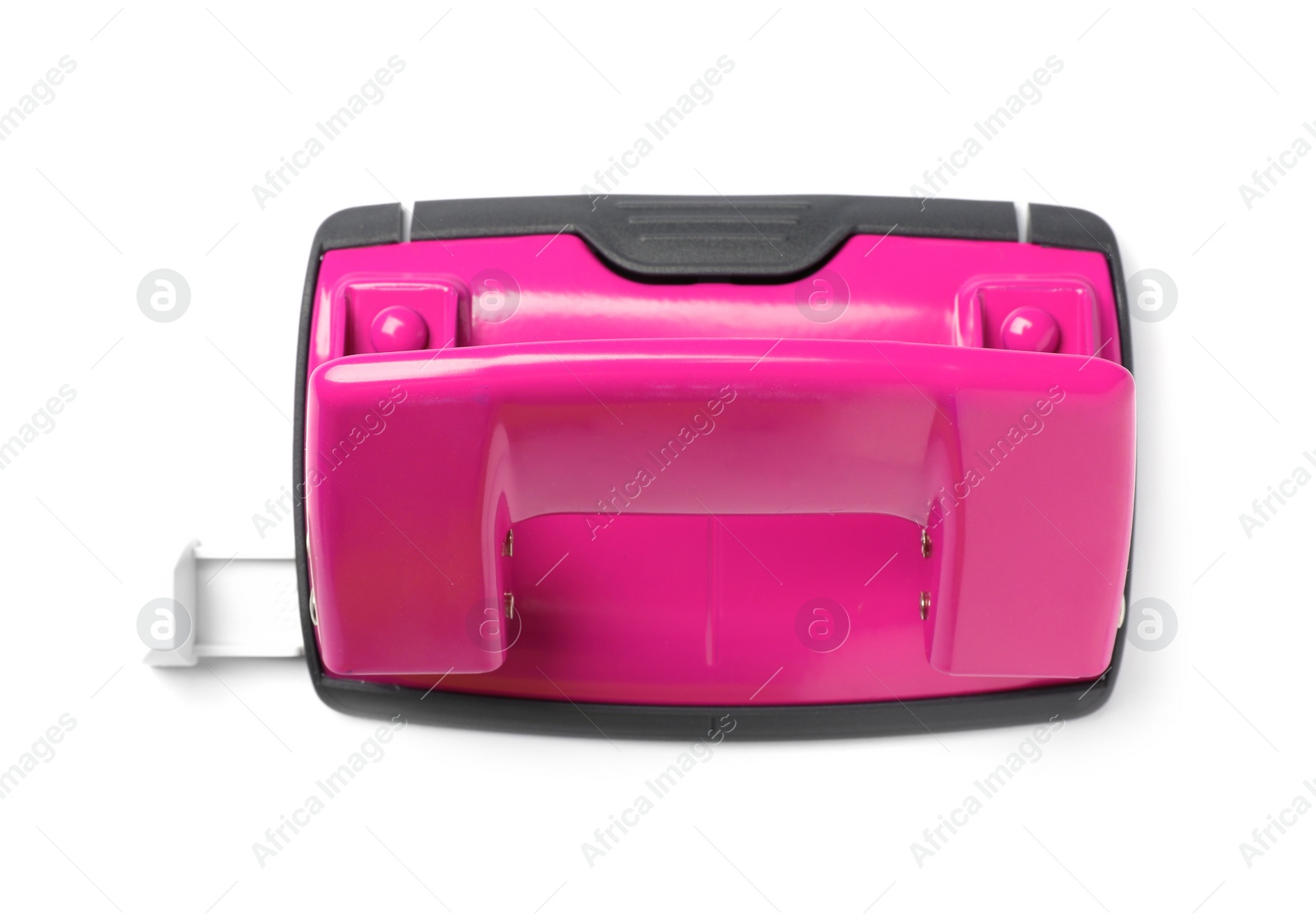 Photo of Colorful hole puncher on white background. School stationery