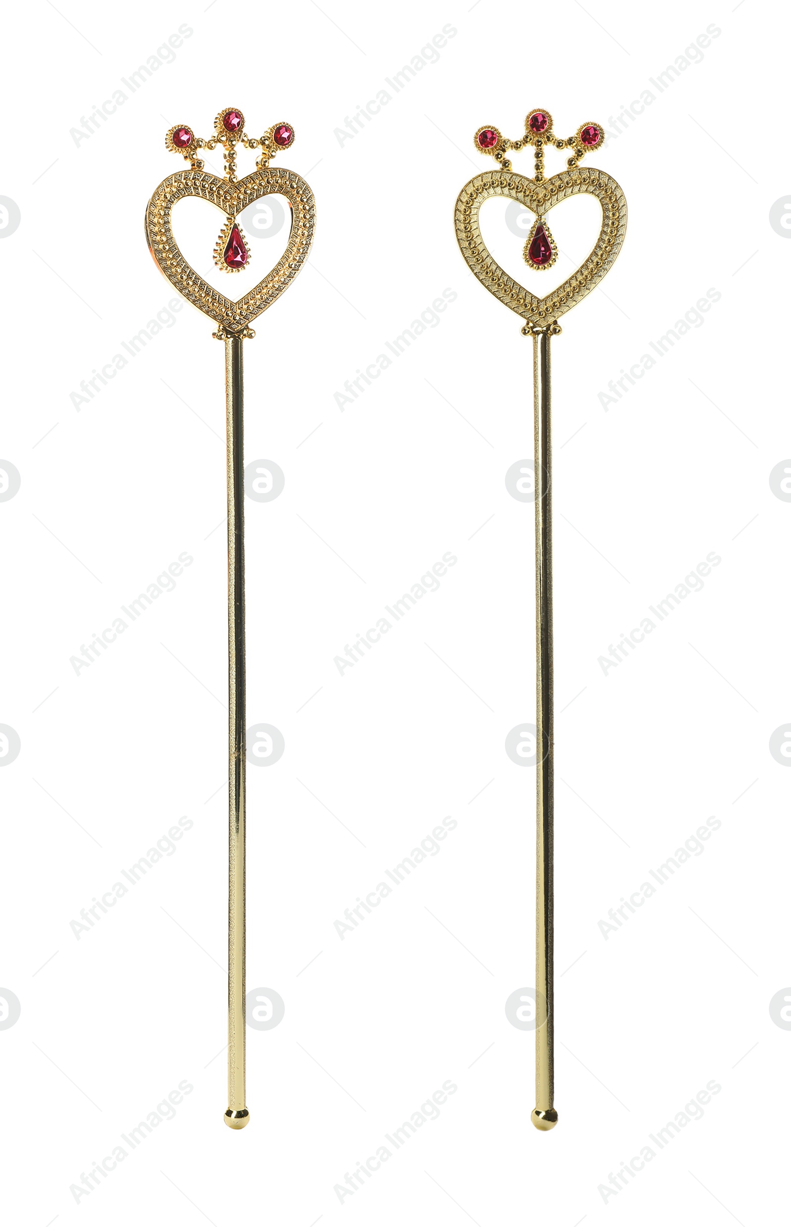 Image of Beautiful golden magic wands on white background, collage