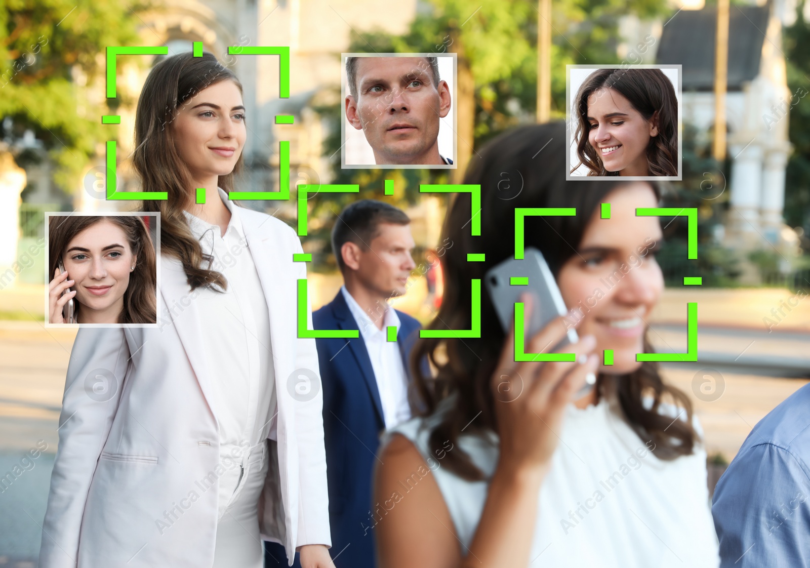 Image of Facial recognition system identifying people on city street 