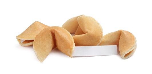 Photo of Traditional fortune cookies with prediction on white background