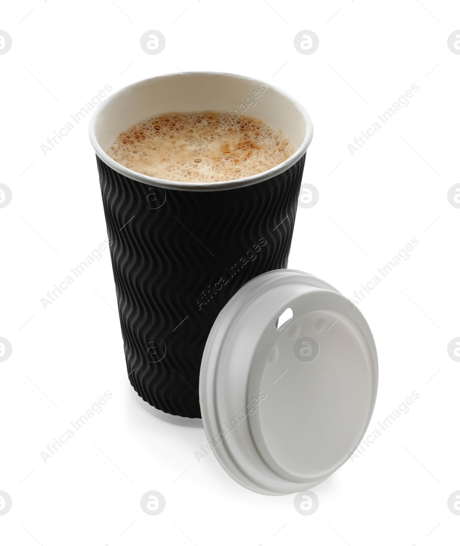 Photo of Aromatic coffee in takeaway paper cup and lid on white background