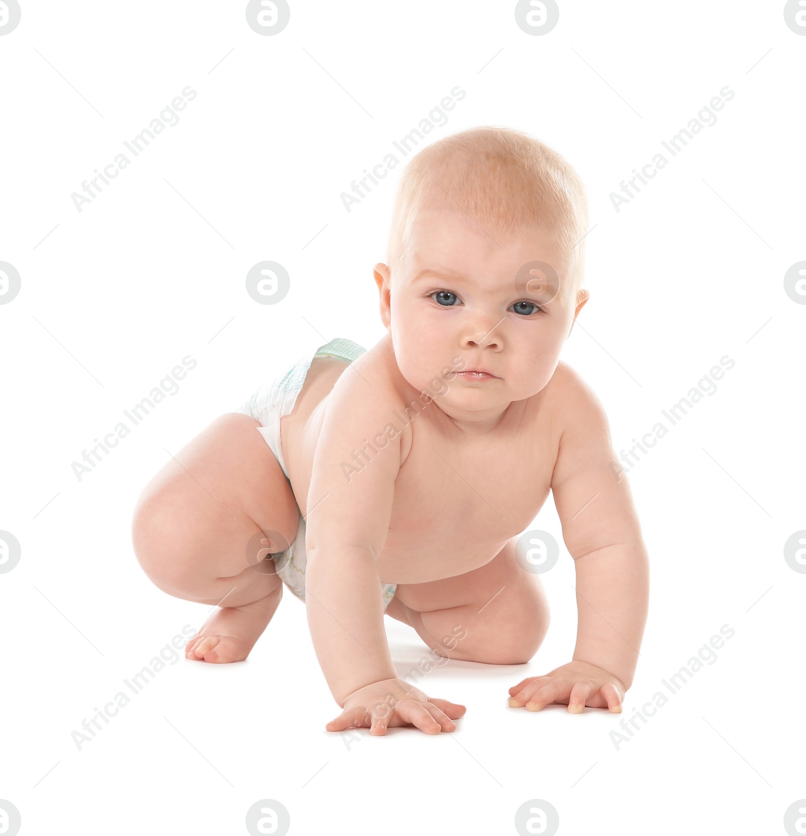 Photo of Cute little baby crawling on white background