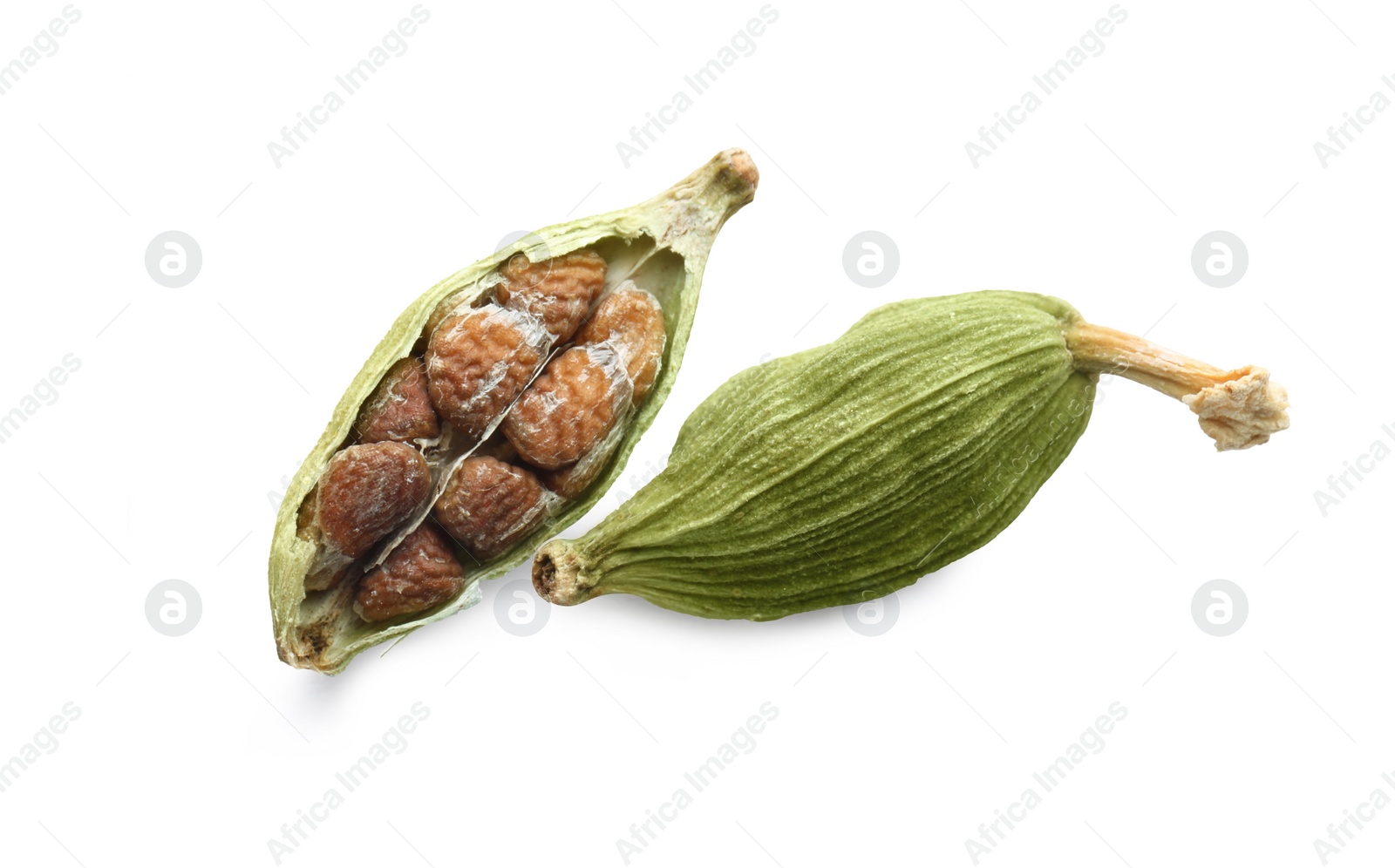 Photo of Dry green cardamom pods on white background, top view