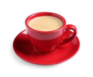 Red ceramic cup with hot aromatic coffee isolated on white