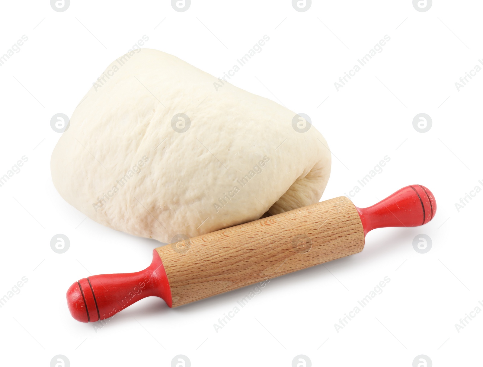 Photo of Raw dough and rolling pin isolated on white